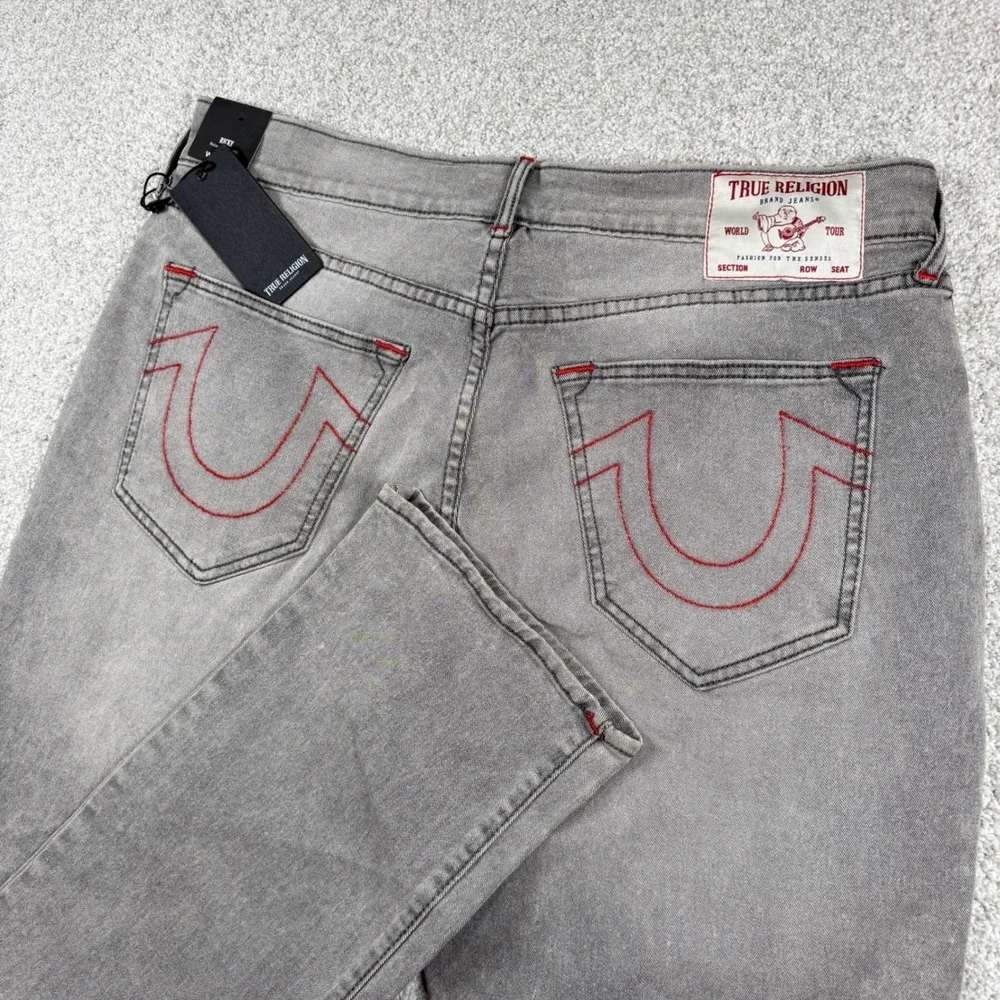 True Religion Ricky Straight Jeans Mens 36 Grey Silvery Wash Red Stitch 700397